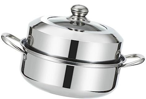 ANSNOW 1 Set Double Layer Soup Steamer Stainless Steel Steamer Stainless Cookware Japanese Rice Cooker Metal Steamer Basket Cooking Steamer Multifunctional Pot 28Cm Thicken