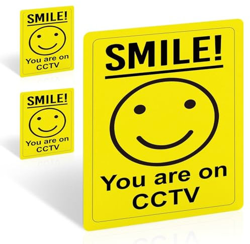 3 Pack Smile You are on CCTV Sign – 150x100mm Self-Adhesive Vinyl Stickers for Outdoor Use – Weatherproof Security Camera Warning Decals for Home, Shop, Office