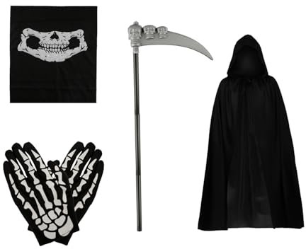 Tabanzhe Halloween Grim Reaper Costume Set - 5 PCS Skeleton Reaper Black Cloak Gloves Face Mask Sickle for Adults Cosplay Decoration Accessories