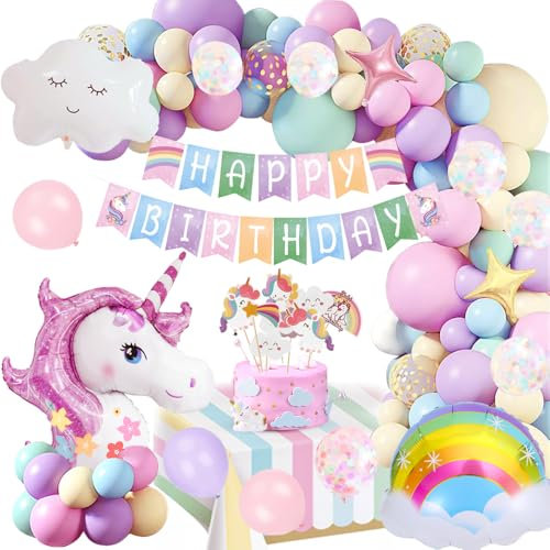 Pastel Macaron Unicorn Party Decorations for Girls - Giant 3D Unicorn, Confetti Balloon, Happy Birthday Banner and Cake Topper for Infant Girls Birthday