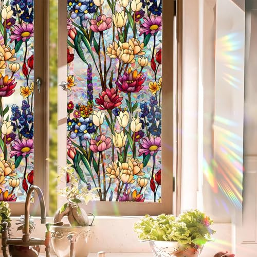 Aomkmi Stained Glass Window Film UV Resistant Window Privacy Film Colorful Flowers Privacy Rainbow Decals Living Room Bedroom Sun Blocking Decor Removable Static Cling Stickers 17 x 39.37 Inch