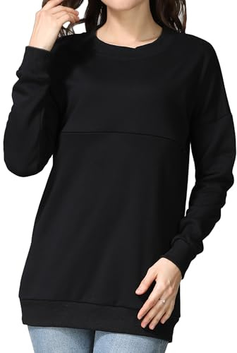 FEOYA Camiseta de lactancia de manga larga para mujer, cómoda cremallera, jersey de lactancia, algodón, camiseta de lactancia, manga larga, ropa de lactancia, Negro , XXL