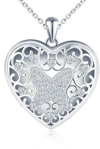 MicLee Collana Ciondoli Cuore di Foto da Donna in Argento 925 Pendenti Medaglioni con Foto Creativo Collane di Farfalla Ritagliata con Zircone Ciondolo Apribile
