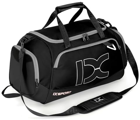 INOXTO Große Sporttasche, Faltbare Sport-Reisetasche mit Nass- und Trockentaschen und Schuhfach, Herren und Damen, Wochenend-Übernachtungs-Camping-Reisetasche (schwarz mit weiß)