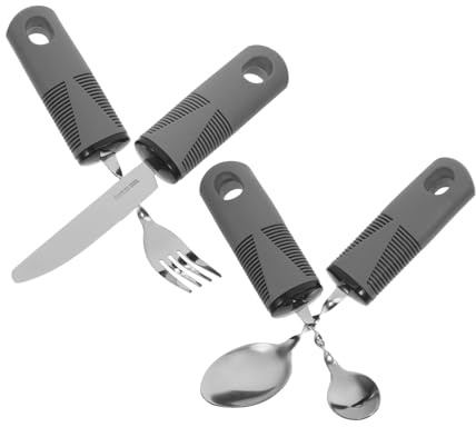 Cubiertos para Mayores 4 Piezas Acero Inoxidable Goma Plástico | Diseño Adaptable y Plegable, Uso en Recuperación y Cena, Set Multifunción Cuchillo, Tenedor y Cuchara