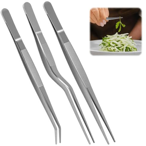 Professional Cooking Tweezersrs 3 Piece Set Stainless Steel Precision Cooking Tongs for Food Presentation Picking and Design Styling(16 cm/6.3 inches)