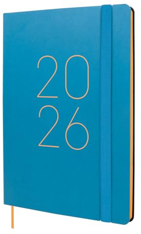 Finocam - Kalender 2026, Wochenansicht, vertikal, Januar - Dezember (12 Monate), A5, mit Gummizug und Punktband, weicher Einband Flexi glatt, Blau, Spanisch