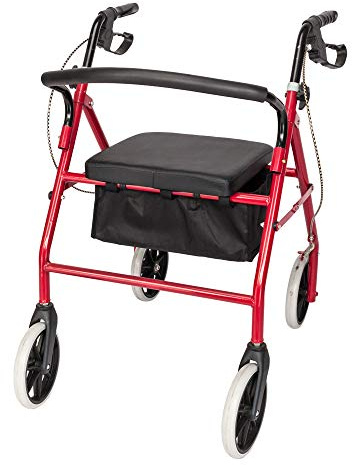 HOBBYZOO 4 Wheel Walker with Padded Seat and Back, Foldable and Height Adjustable Rollator, Iron and Nylon Walker for Seniors and Disabled, Red & Black