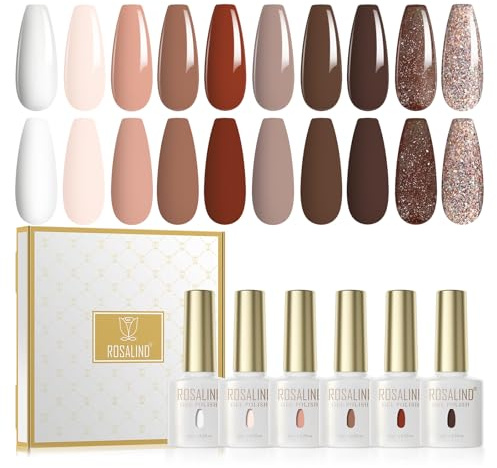 ROSALIND Smalto Semipermanente Unghie, 10 Colori Bianco Nude Marrone Scuro Chiaro Marrone Glitterato Smalti Semipermanenti per Unghie, UV/LED Smalto Gel Unghie Autunnali e Invernali Manicure Regalo