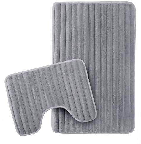 Olivia Rocco 2 Piece Ribbed Bath Mat Set Extra Soft Easy Care Plush Bath Rug + Toilet Mats Super Absorbent Non Slip Bathmat for Bathroom Toilet Shower, Charcoal