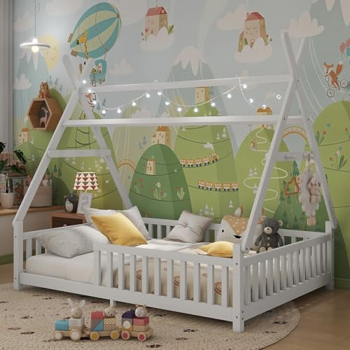 Mirightone Teepee Floor Bed for Kids, Full Size Montessori Beds with Rails & LED Light, Detachable Floor Tent Bed with Slats and Hanging Rack, Wood House Bedframe for Boys Girls, White