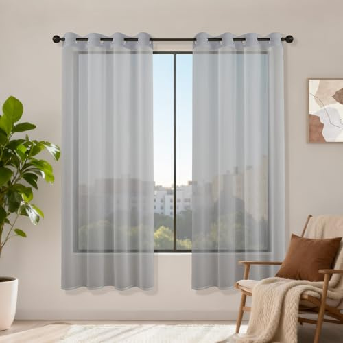 Runyéla Voile Gardinen mit Ösen 2er Set, H 180 x B 120 Stores Gardinen Grau Transparent, Vorhänge Durchsichtig, Ösenvorhang Schlaufenschal für Schlafzimmer Wohnzimmer Küche Sheer Curtains