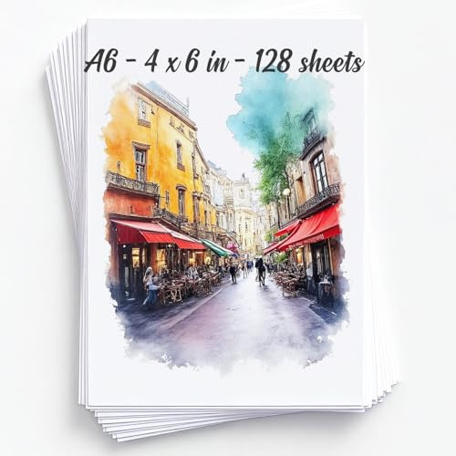 128 ark akvarell pappersblock – A6 10 x 15 cm – vattenfärgspapper 150 kg/300 gsm – 100 % bomullsmassa – konsttillbehör för barn och vuxna – för målning, konstnärskiss, staffli, lös ritning