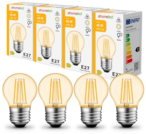 E27 Screw Bulb, 4W 40W Equivalent G45 LED Filament Bulb Warm White 2300K | SES E27 Mini Globe Retro Amber Glass Edison Bulb, 470LM Antique Style Energy Saving Light for Home Lamp, Non-Dimmable, 4 Pack