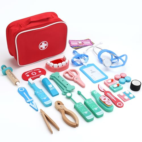 Arztkoffer Kinder ab 3 Jahre , Holz Doktorkoffer Kinder Set, Zahnarzt Spielzeug, Doktorspiele mit Stethoskop Spritze Rollenspiel Spielzeug(23-Teiliges)