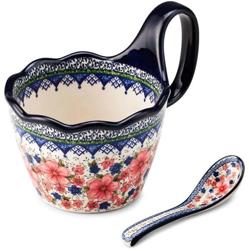 Cteaffee Ceramic Soup Bowl and Mug Set 14oz, Hand-Painted Floral Stoneware Coffee Cup with Spoon, Large Soup Bowls with Handle, Microwave & Dishwasher Safe Polish Pottery Style (Plum blossoms)