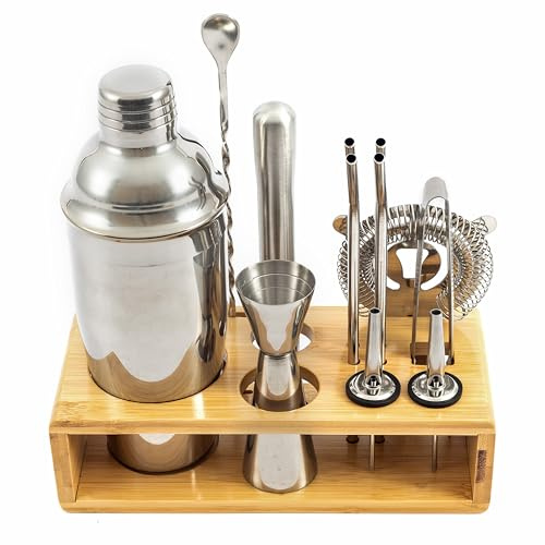 Hanseküche Juego de coctelería Boston de 825 ml, de acero inoxidable, fácil de abrir y sin atascos, juego de coctelera profesional, incluye soporte, ideal para bartenders y amantes de cócteles (claro)