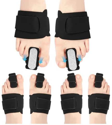 Meunhy 4 PCS Toe Straighteners Corrector for Women and Men,Adjustable Toe Splint for for Curled Toes Day Andnight Support,Pain Relief Includes 4 Compression Wrap, 4 Toe Strap,Black