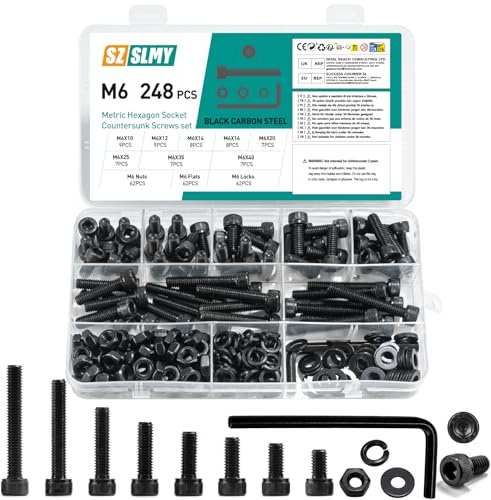 248 Stück M6 Schrauben Set, Innensechskantschrauben Muttern Set, Zylinderschrauben mit Muttern mit Unterlegscheiben Sets, Schwarz Maschinenschrauben Sortiment, Gewindeschrauben Set