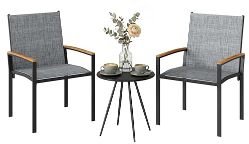 Outsunny Set da Bistrò da 3 Pezzi, Set da Giardino con 2 Sedie Texteline, Tavolo con Piano Metallo, Braccioli Decorativi, Set di Mobili da Giardino in Acciaio, per Patio Balcone Terrazzo, Grigio Misto