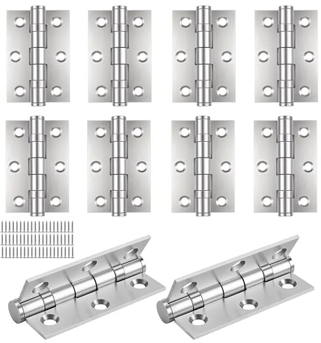 HAKZEON 10 PCS Stainless Steel Door Hinges 3 Inch, 2.5mm Thickened Ball Bearing Butt Hinges with Screws, Heavy Duty Folding Hinges for Kitchen Cabinet and Wood Doors, Silver Brushed Finish