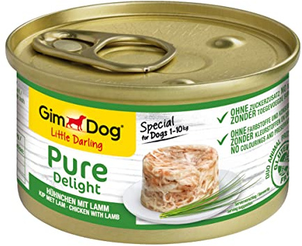 GimDog Pure Delight, pollo con cordero - Snack para perros rico en proteínas, con carne tierna en deliciosa gelatina - 12 latas (12 x 85 g)