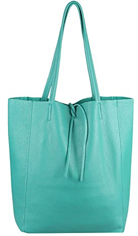 OBC Made in Italy Damen Leder Tasche DIN-A4 Shopper Schultertasche Henkeltasche Tote Bag Metallic Handtasche Umhängetasche Beuteltasche (Türkis)