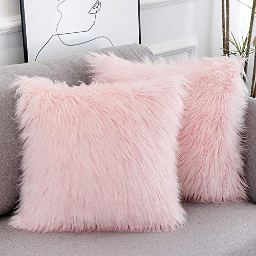 WLNUI Pink Faux Fur Pillow Covers 20x20 Inch,Set of 2 Plush Decorative Throw Pillow Case for Couch Sofa Bed, Soft Fluffy Blush Pink Cushion Cover with Hidden Zipper for Bedroom Girls Room Dorm Decor