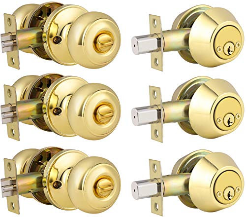 3 Pack Classic Polished Brass Entrance Round Knob Handle, Entry Door Knob with Matching Double Cylinder Deadbolt (Keyed on Both Side) Combo Pack, Keyed Alike Door Lockset for Front and Exterior Door
