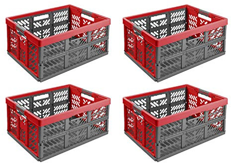 4X Stabile Profi Klappbox 45L - 54 x 37 x 28 cm - Einkaufskiste klappbar mit Soft-griffe - Transportkiste stapelbar Rot/Anthrazit