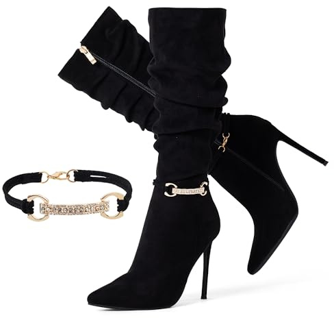 Elisabet Tang Women's Knee High Booties,Faux Suede 4 Stiletto Heel Pointed Toe Knee High Boots Side Zipper Boots Dress Shoes Black Suede Size 9
