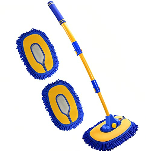 Mveqrrn Upgrade Car Wash Brush with Long Handle,Chenille Microfiber Car Cleaning Brush Supplies Kit Car Wash Mop Accessories Car Washing Brush with Scratch-Free Replacement Head(Blue