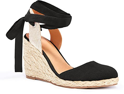 Juliet Holy Womens Lace up Espadrilles Closed Toe Wedges Sandals Strappy Slingback Platform Heels, Black, 6 UK