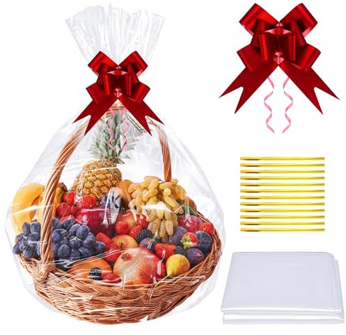 AWCIGG 10 Stück Große Geschenkfolie Klare Cellophantüten, 70x95cm Cellophan Geschenktüten mit 10 Schleifen und Twist Krawatten für Geschenkkörbe Weidenkorb Weihnachtskörbe Blumen Kleidung
