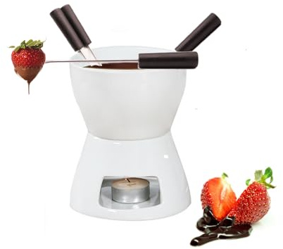 CORJEEJOR Fondue Pot Set with 4 Forks Ceramic Butter Warmer Set Premium Tea Light Porcelain Melting Pot for Chocolate Cheese Caramel