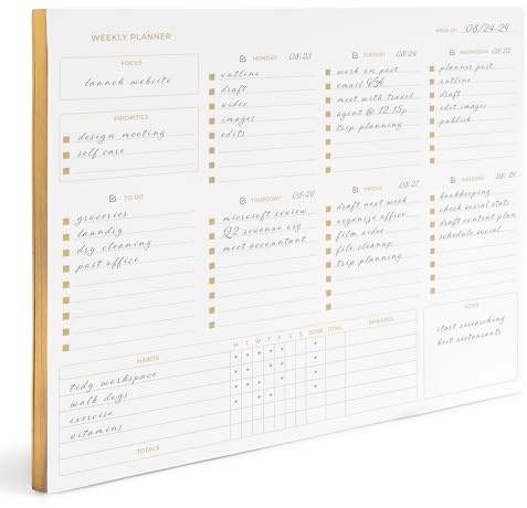 BLU MONACO | Undated Weekly Planner Notepad | Gold Edge Desk Pad 8.5 x 11 with Tear Off Sheets | Weekly Planner with To Do List for Work Desk Organization