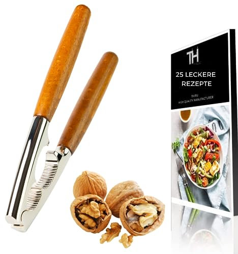 Thiru Cascanueces con elegante mango de madera – Ideal para nueces, avellanas, nueces de Brasil – Se agrieta sin aplastar núcleos – Incluye libro electrónico con recetas – Fabricado en Alemania
