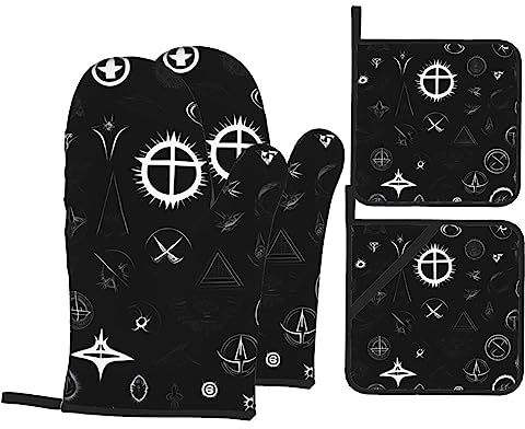 Set di guanti da forno e presine in bianco e nero con motivo universo resistente al calore, 4 pezzi, per cucina, cottura, grigliate, barbecue