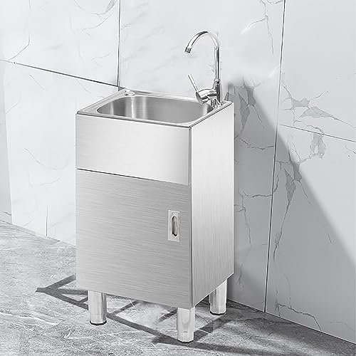 Évier utilitaire en acier inoxydable Évier utilitaire à linge autoportant pour restauration commerciale avec robinet d'armoire, étagères de rangement pour chambre, garage, sous-sol, baignoire