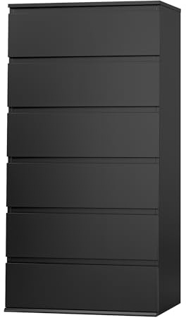FOTOSOK Black Dresser, 6 Drawer Dresser, Modern Tall Black Storage Chest of Drawers Wood Dressers with Metal Sliding Rail, Handleless Drawer Cabinet for Home & Office