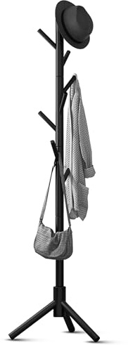 Bayt Perchero de Pie con 8 Ganchos - Perchero Madera con 3 Tamaños Ajustables - Perchero de Pie 175 cm - Perchero Entrada Recibidor (3 patas, Negro)