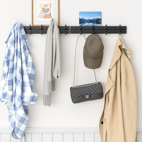 Perchero Pared para Abrigos y Sombreros - Colgador Ropa Pared de Riel con 9 Ganchos Dobles - Gancho Perchero de Metal Robusto y Ajustable - Gran Capacidad Antióxido para Bufandas Bolsos Toallas Llaves