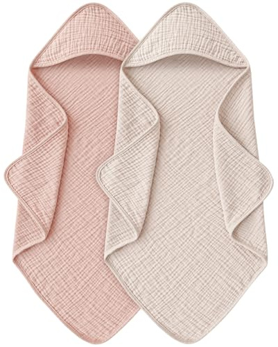 MairMore Muslin babyhanddukar med huva för nyfödda 100 % bomull baby badhanddukar mjuk och absorberande babyhandduk med huva för pojkar och flickor, stor storlek – 81 x 81 cm (elfenben och rosa)