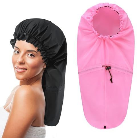 Abeillo 2 Extra Lange Duschhaube für Damen Große Duschhauben für Zöpfe mit Langen Haaren & Locken Wasserdichte Haarhauben für Langes Lockiges Haar Schutz mit Kordelzug für Frauen Männer, Schwarz Rosa