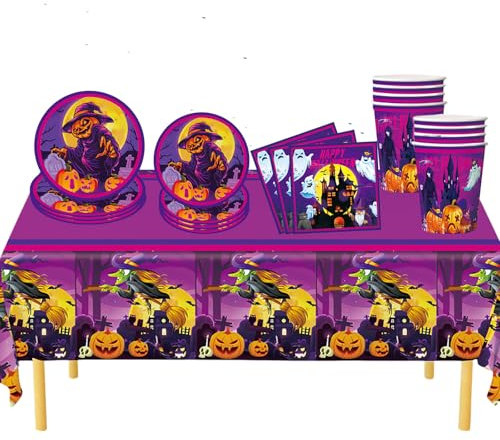69 Pezzi Set Stoviglie per Feste,Piatti Tazze Asciugamani di Carta Tovaglia Plastica Stoviglie Usa e Getta,Strega Biodegradabili Set Piatti Usa e Getta Violetta Decorazione Desktop per Feste Halloween