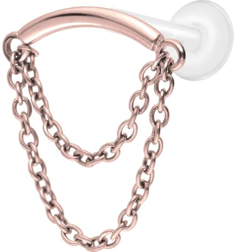 PIERCINGLINE PTFE Labret mit Gewinde + Titan-Aufsatz BOGEN + 2 KETTEN Piercing Ohr Hidden Helix Roségoldfarben 1,2 x 10 mm
