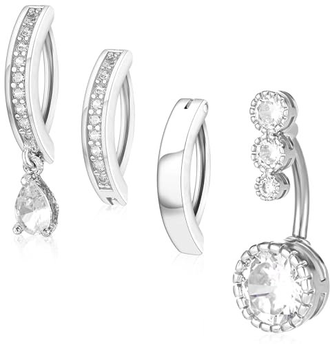 Yolev 4 Stück Bauchnabelpiercing Ring Silber 16G 10mm Chirurgenstahl Nabelring mit Streifen Durchbohrt Piercing Bauchnabel Piercing Runde Mauerwerksperle Personalisierbar Modisch Bequem Nabelpiercing