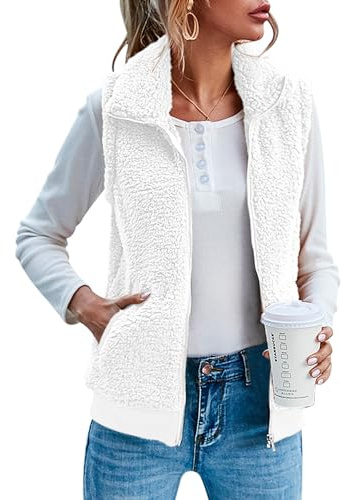 IECCP Teddy fleece-väst för kvinnor UK kroppsvärmare väst toppar enfärgade lätta mysiga västar stående krage ärmlös dragkedja väst med fickor, Vitt, XL