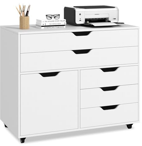 COSTWAY Rollcontainer mit 5 Schubladen & Schrank, mobiler Aktenschrank mit Rollen, Schubladenschrank mit Arbeitsplatte, Rollwagen Bürocontainer aus Holz für Zuhause, Büro, Weiß