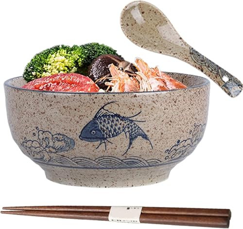 Tazón de ramen TuYines, cuenco japonés de cerámica, tazón de ramen con cuchara, palillos, tazón de ramen, cuencos de porcelana de porcelana, ensaladeras, capacidad 580 ml, diámetro 15,5 cm, altura 7,5